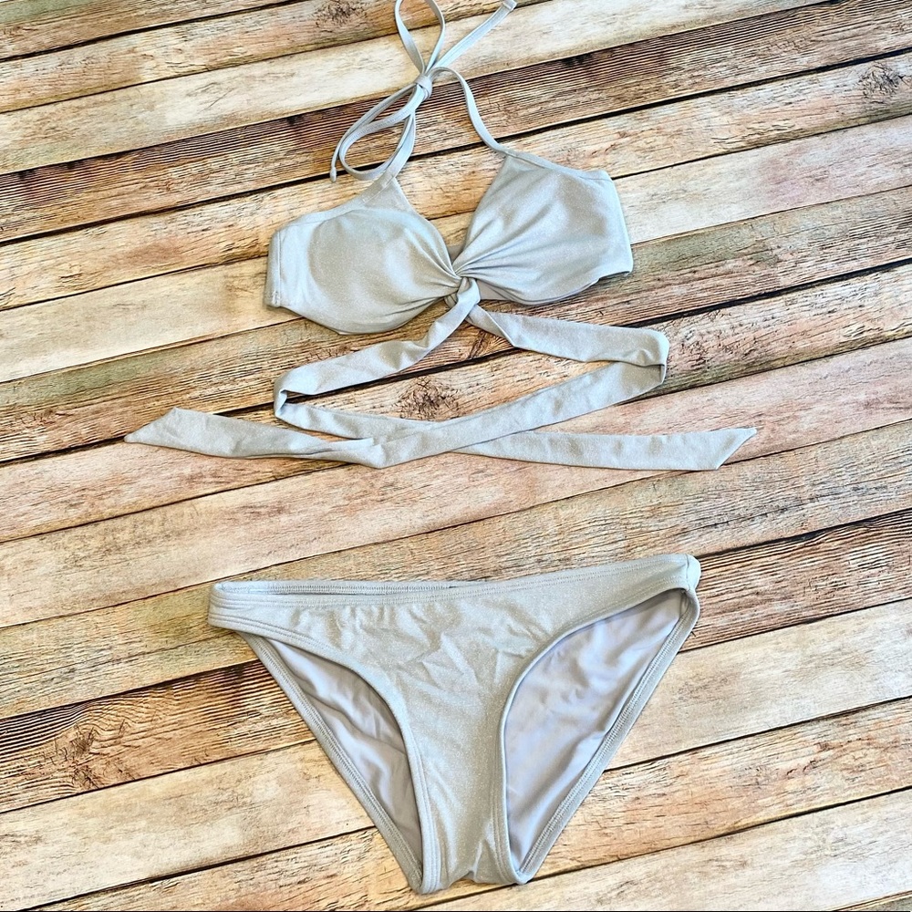 Aerie 2 Piece Bikini Silver Shiny Shimmer SwimSuit XS Top  S Bottom